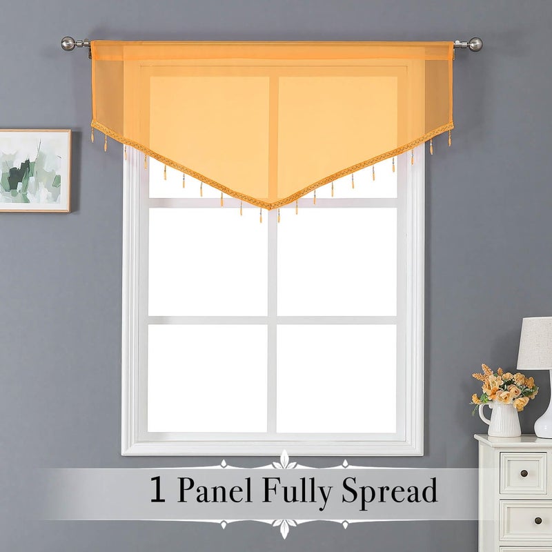 WUBODTI Orange Beaded Sheer Curtain Valances for Kitchen Windows, Triangle Sheer Voile Swag Valance Curtains Boho Bead Tassels Window Valances for Bedroom Bathroom Living Room,3PCs, Each W51 x L24 - Image 4